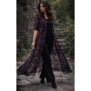 Vintage Velvet Burnout Duster Maxi Dark Floral Gothic Boho Overlay Dress